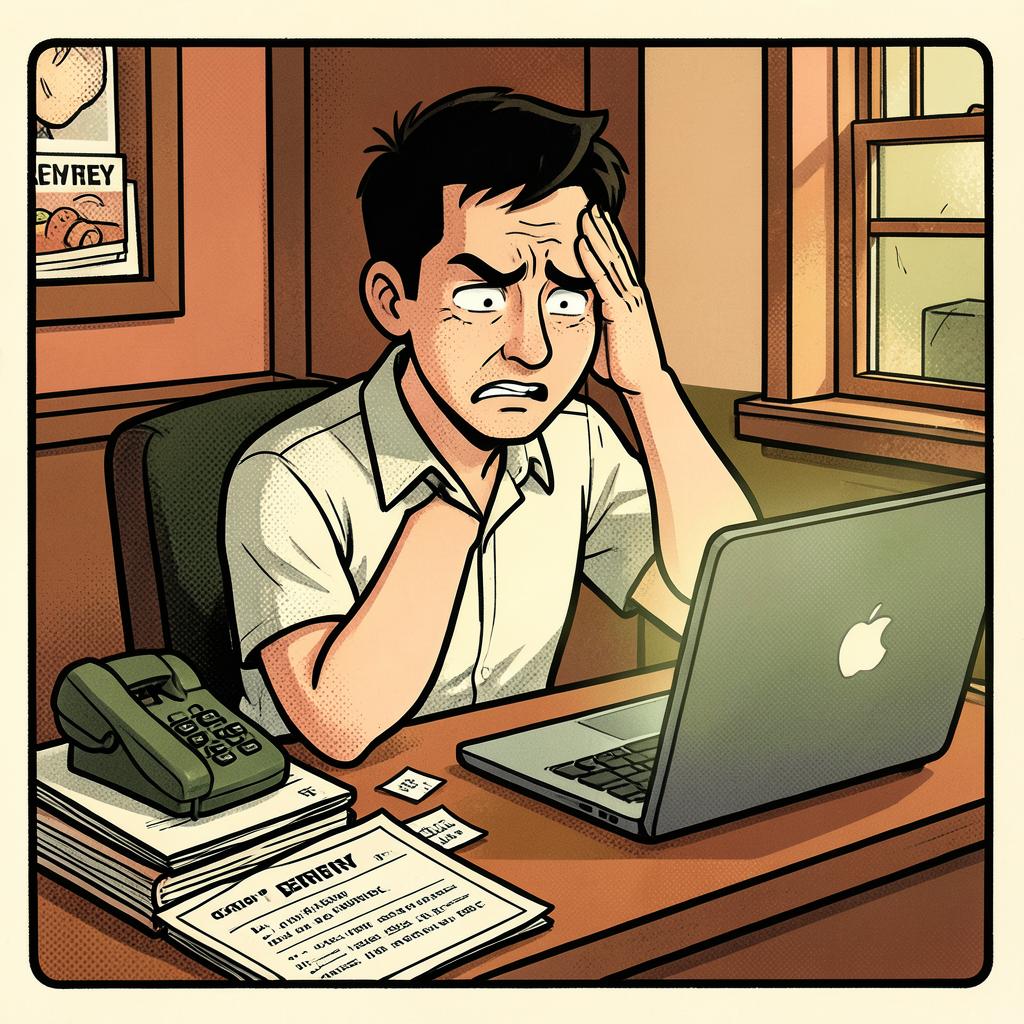 Comic-Illustration eines gestressten Restaurantbetreibers zwischen Reservierungsbüchern, Telefon und Laptop