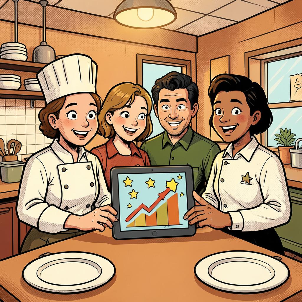 Comic-Illustration eines glücklichen Restaurantteams, das auf einem Tablet steigende Zahlen bewundert